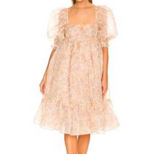 Selkie Pink Floral Puff-Sleeve Midi Dress